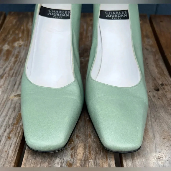 Charles Jourdan Seafoam Green Chunky Block Heel Pumps Shoes High Heels Sz 9 Rare - Picture 6 of 9